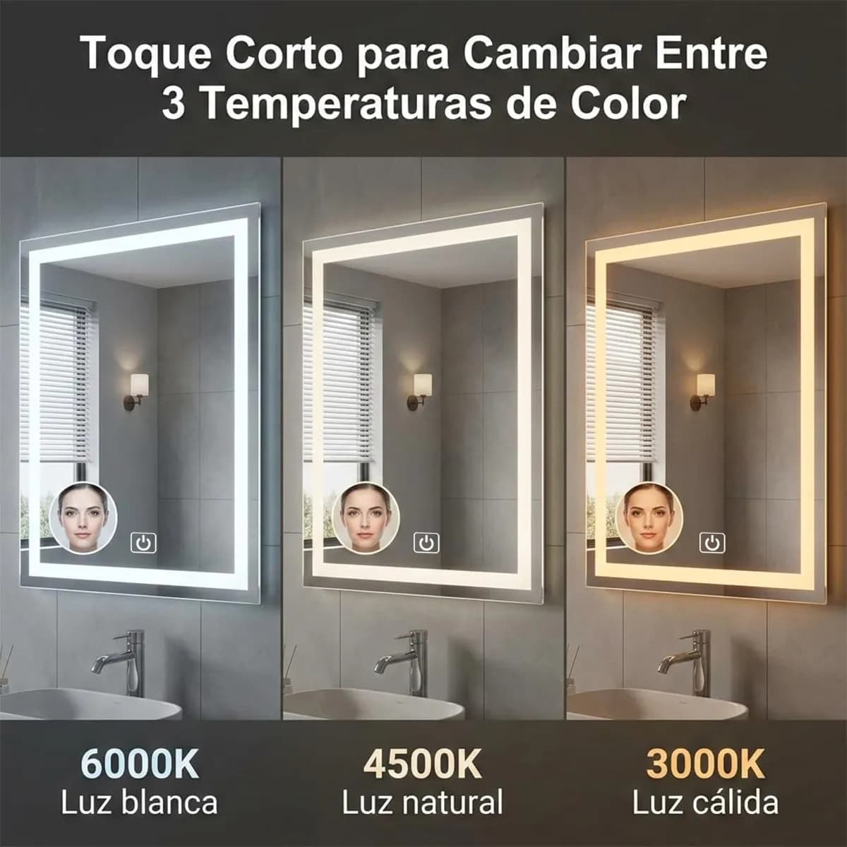 Espejo Luz Led Touch Pared Tocador Baño Vestidor   3 Luces
