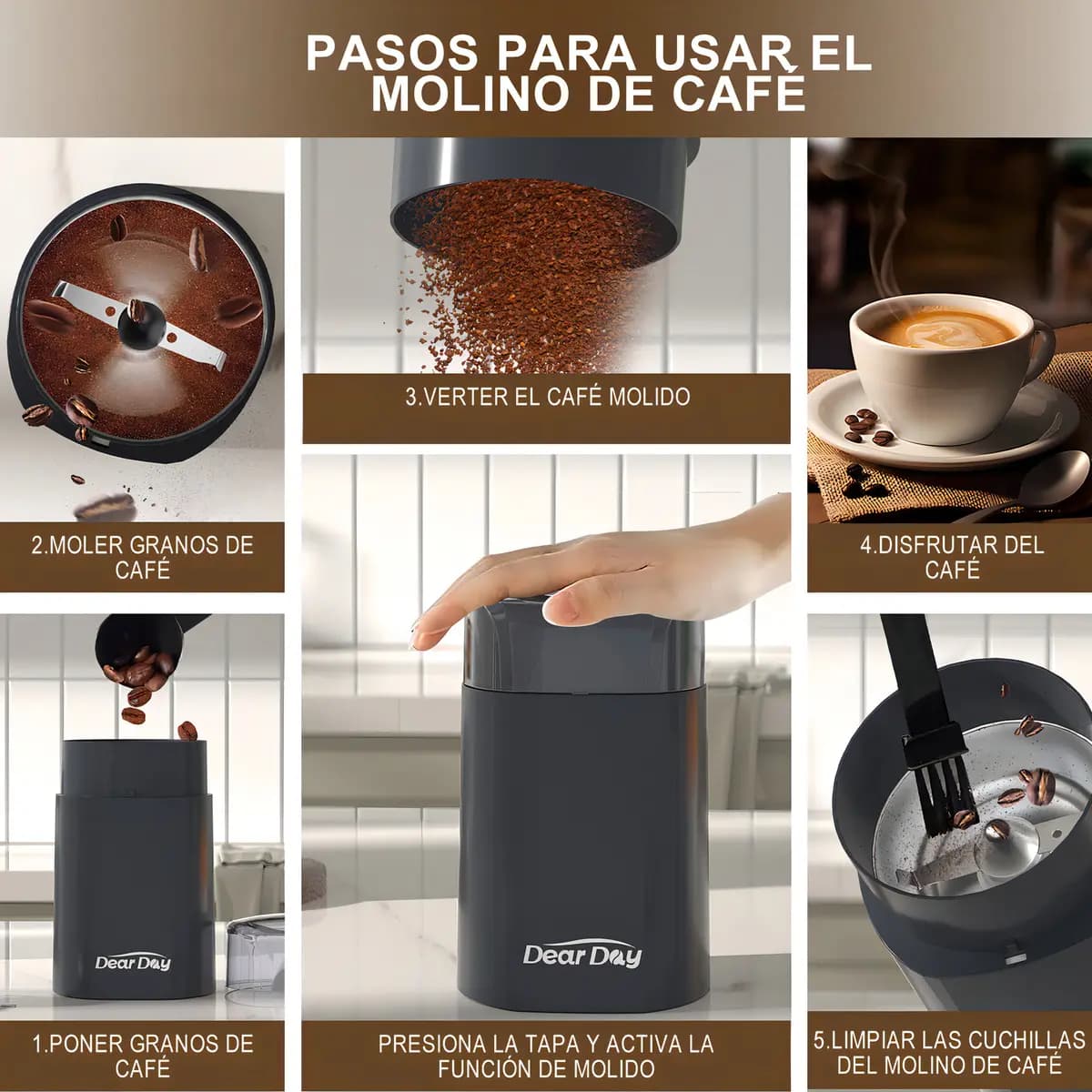 Cafetera Espresso DEAR DAY Semi Automática con Molino y Vaporizador para Café en Grano o Cápsulas