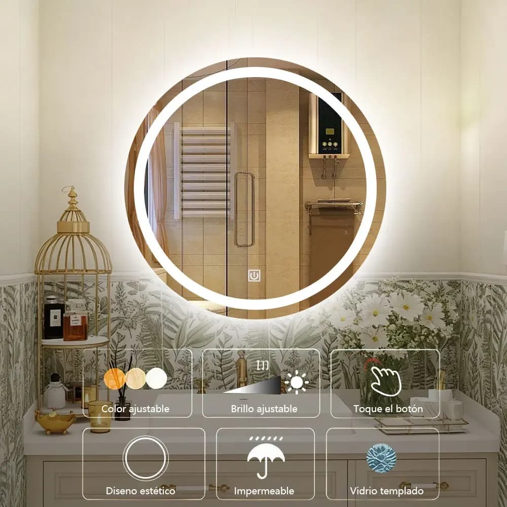 Espejo Decorativo Touch Para Baño Con Luz Led 3 Atenuaciones