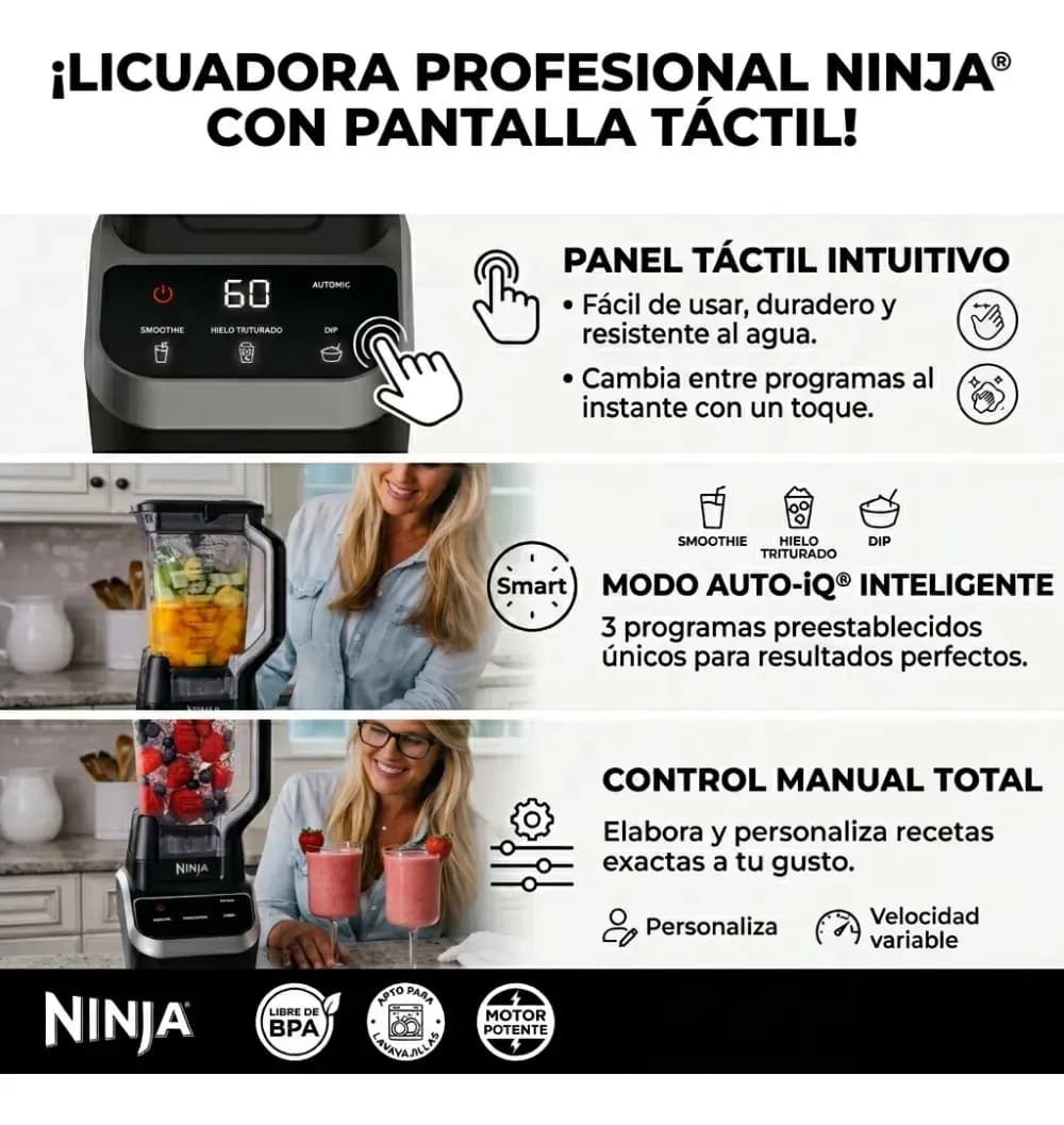 Licuadora Ninja Profesional 1000W Pantalla Táctil 72 oz Tritura Hielo