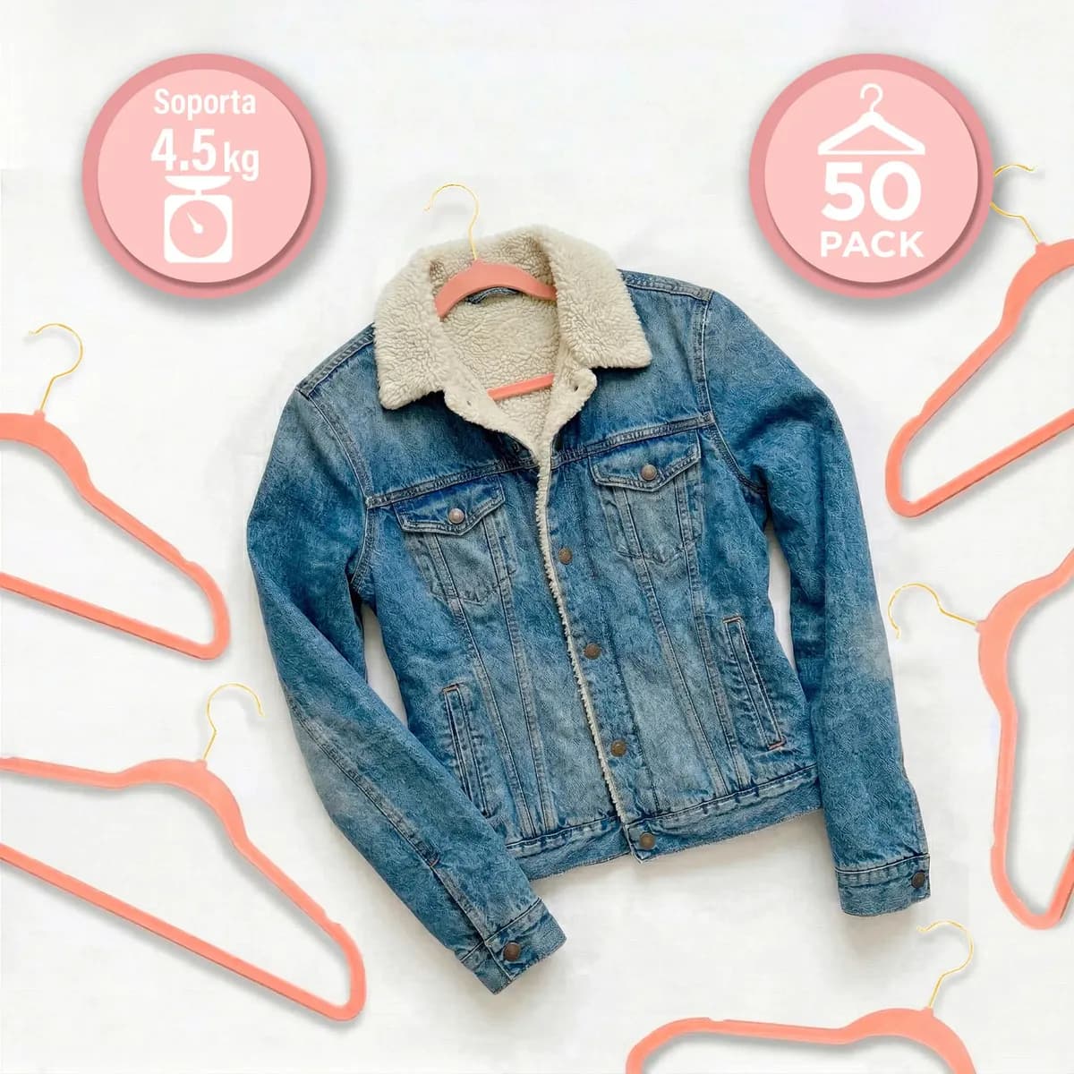 Set de 50 Ganchos de Terciopelo Antideslizantes con Gancho Giratorio para Ropa, Rosa
