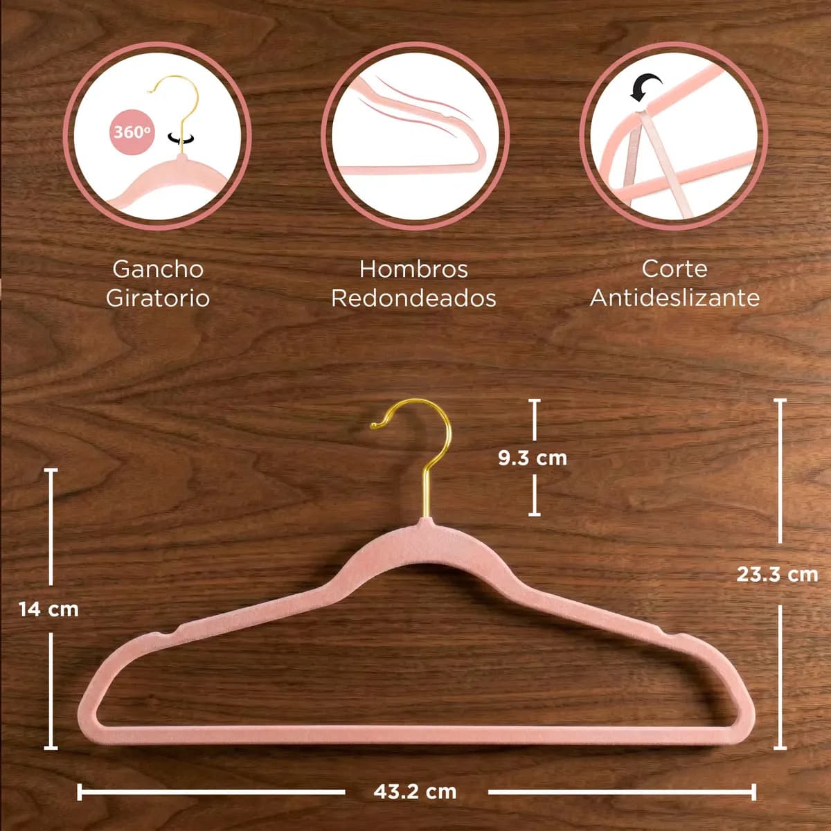 Set de 50 Ganchos de Terciopelo Antideslizantes con Gancho Giratorio para Ropa, Rosa