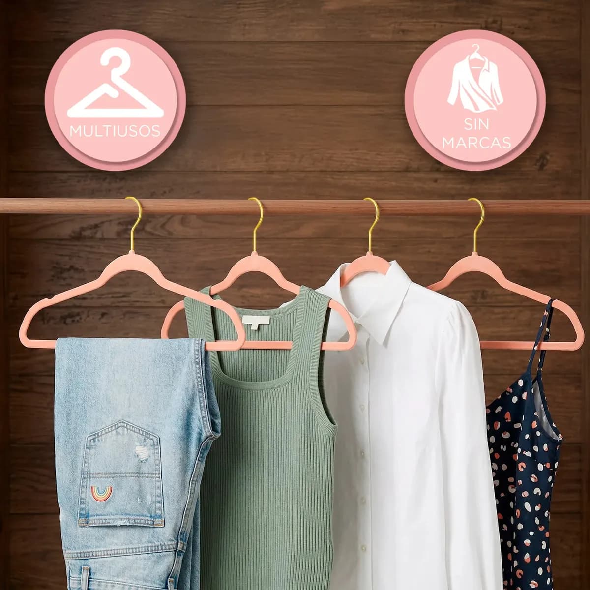 Set de 50 Ganchos de Terciopelo Antideslizantes con Gancho Giratorio para Ropa, Rosa