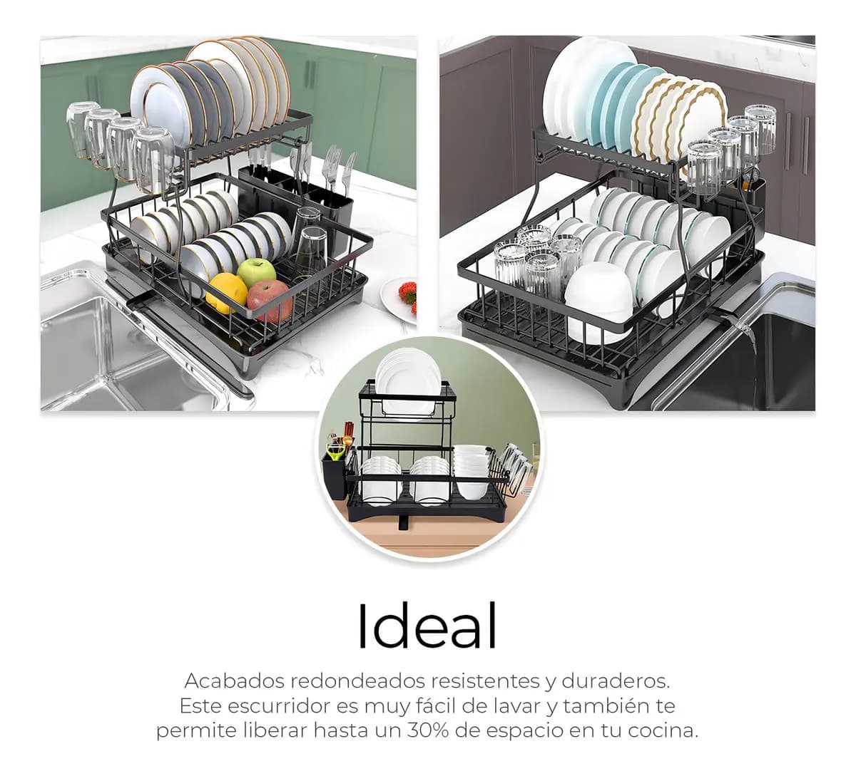 Escurridor Trastes Pro 2 niveles bandeja con canaleta 360° color negro