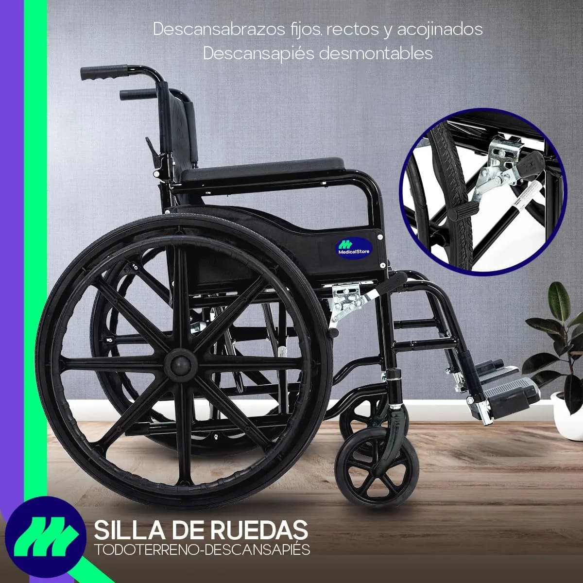 Silla de Ruedas Plegable De Lujo Acero Compacta Todo Terreno Descansabrazos Cómodos Seguros Negro Medical