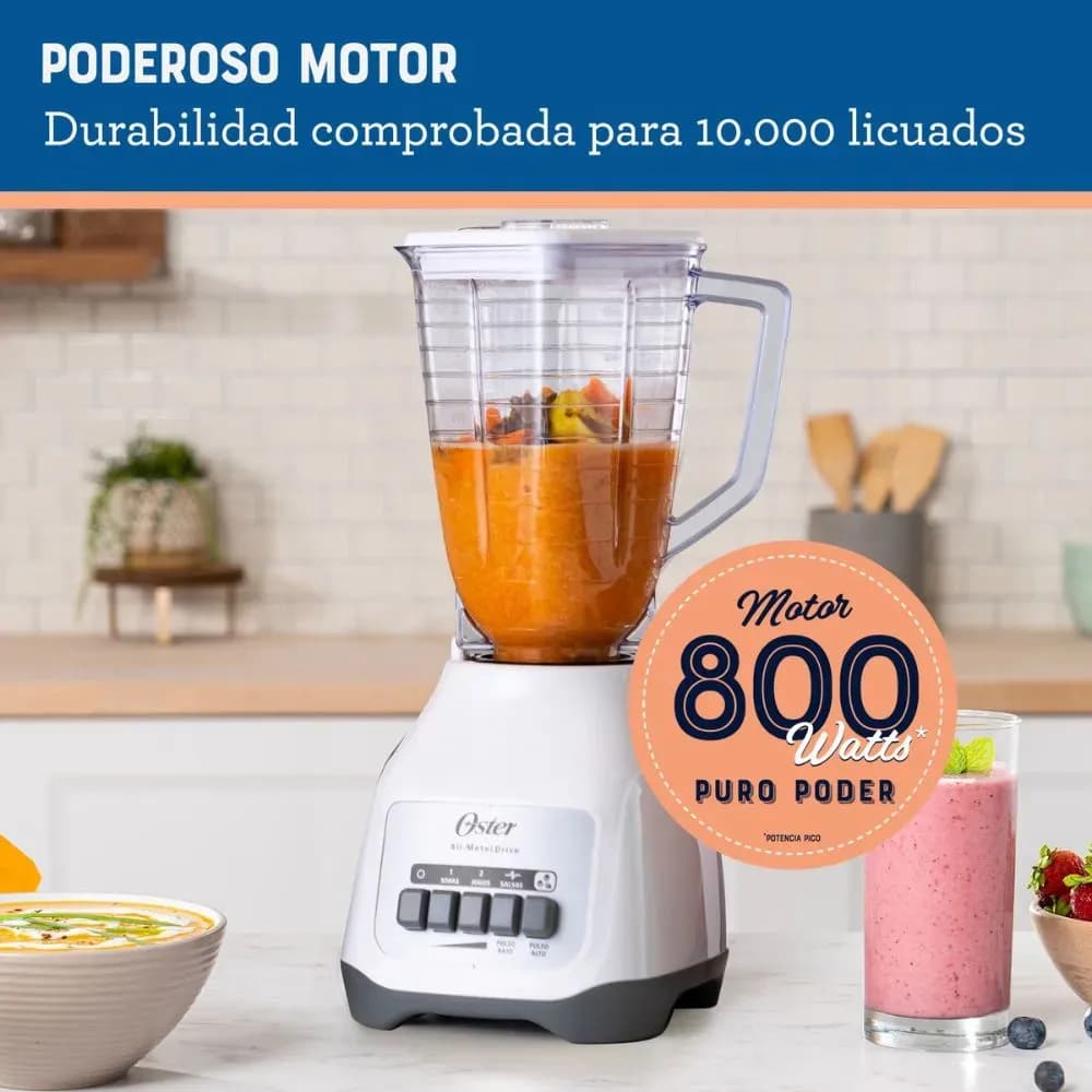 Licuadora Oster 800W, 2 Velocidades, Vaso 1.25L, Trituradora de Hielo