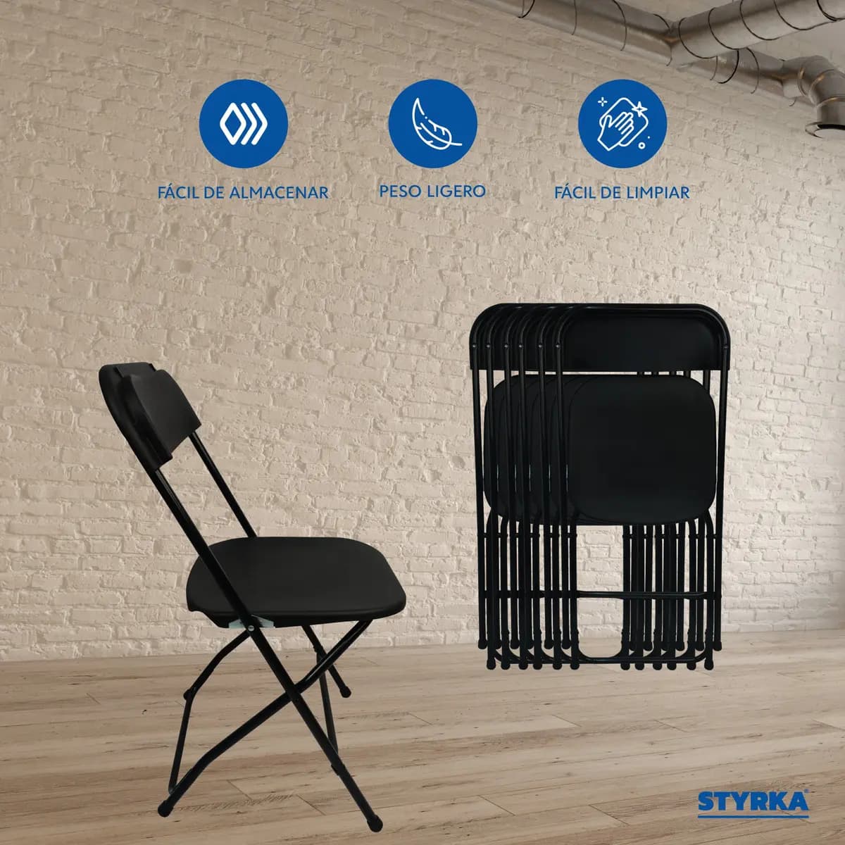 Set De 6 Sillas Plegables Plástico Reforzadas Styrka Negras Color Negro SIPL02