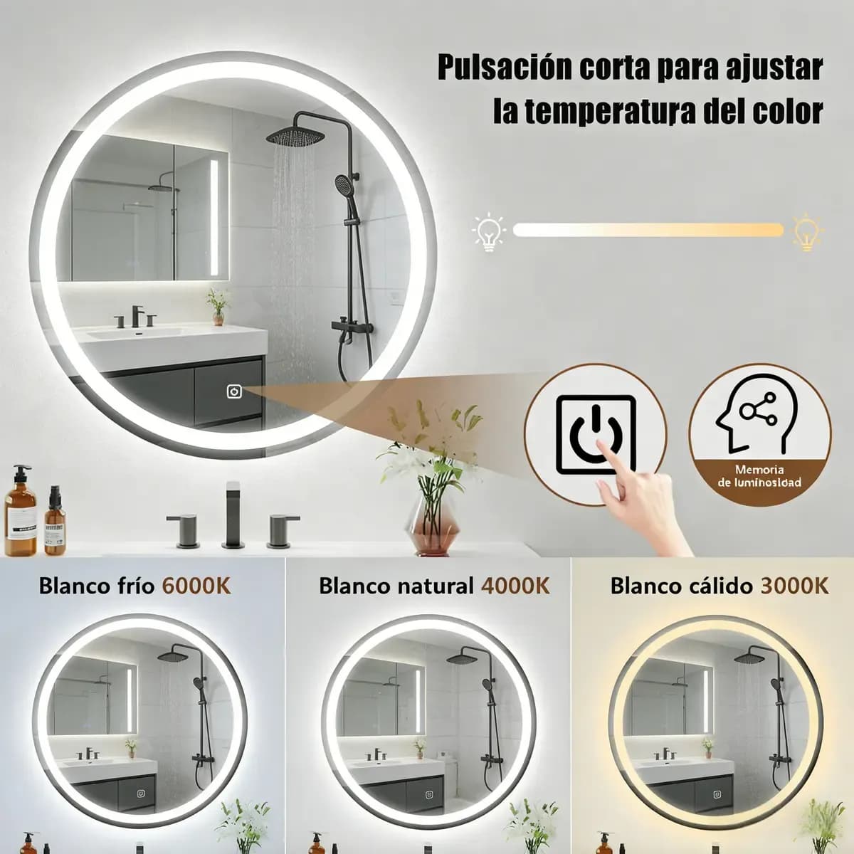 Espejo Decorativo Touch Para Baño Con Luz Led 3 Atenuaciones