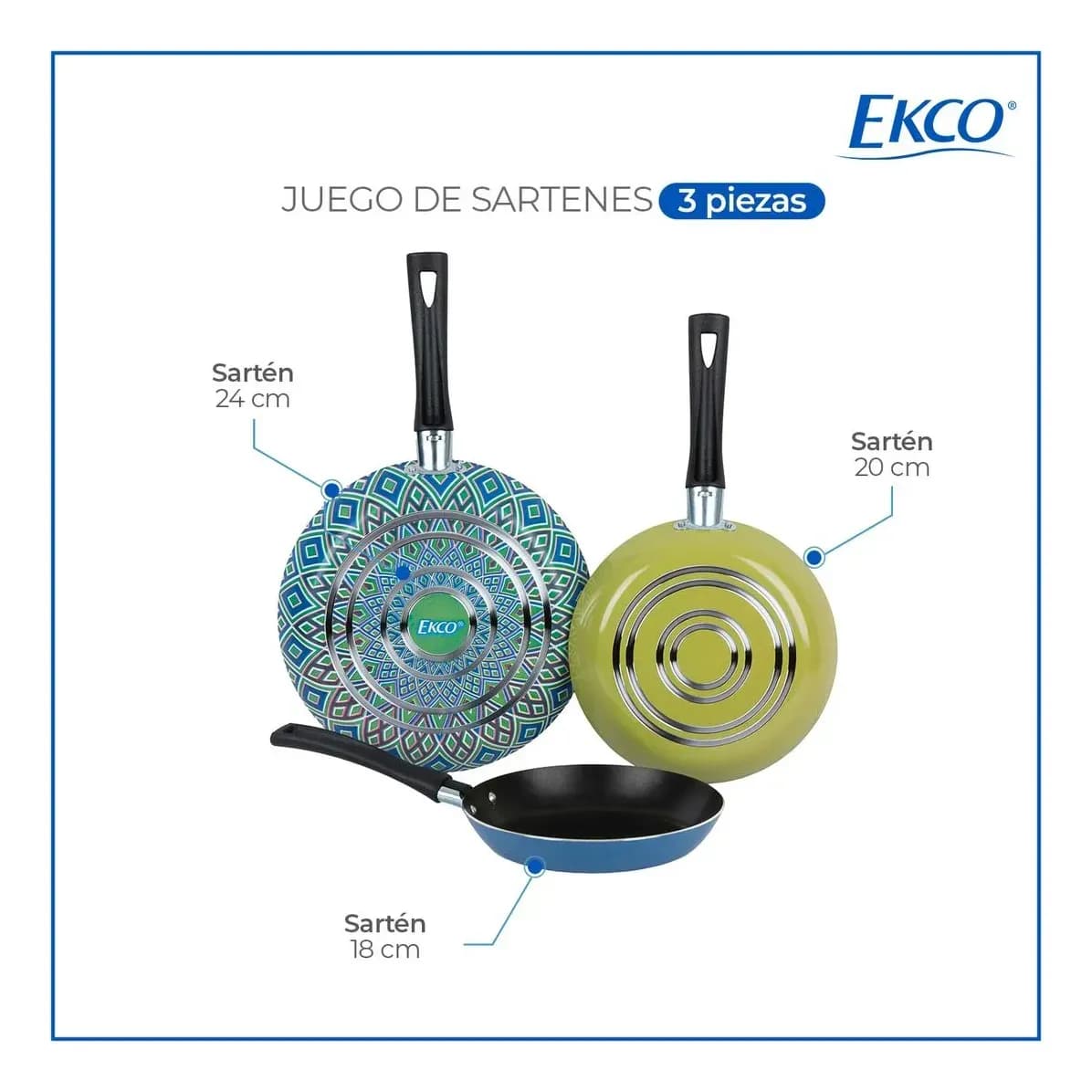 Juego de Sartenes con Antiadherente Ekco Verde/Azul de Aluminio 3 Piezas [18,20,24 cm]