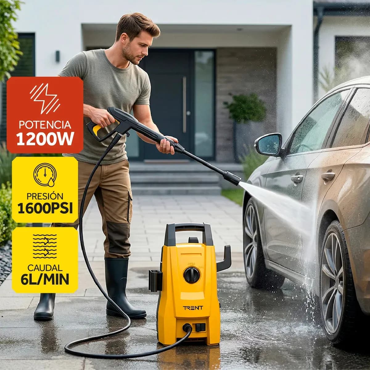 Hidrolavadora Electrica Portátil 1600 Psi 1200w Alta Presion Amarillo 60hz Para Lavar Carros