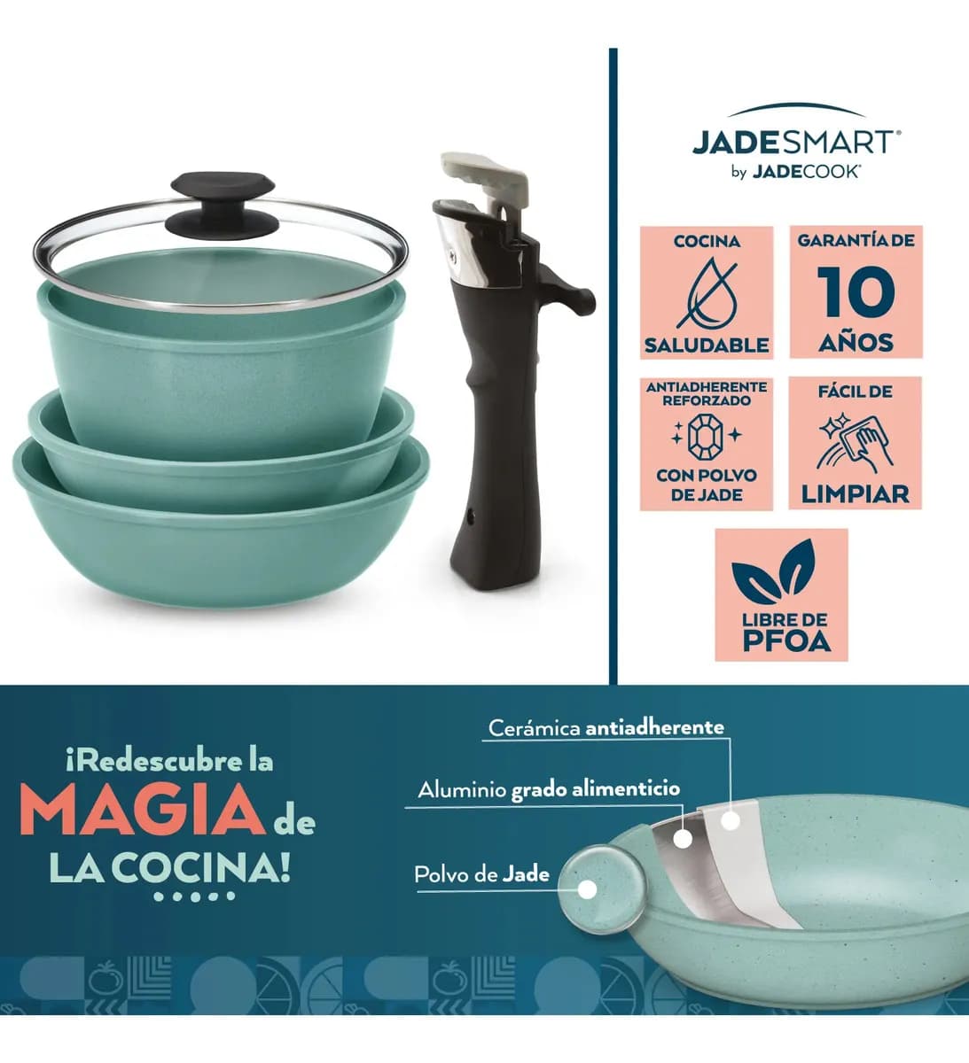 Batería de Cocina Antiadherente Jade Cook Jade Smart 5 Piezas Mango Desmontable Color Verde Cocina Saludable