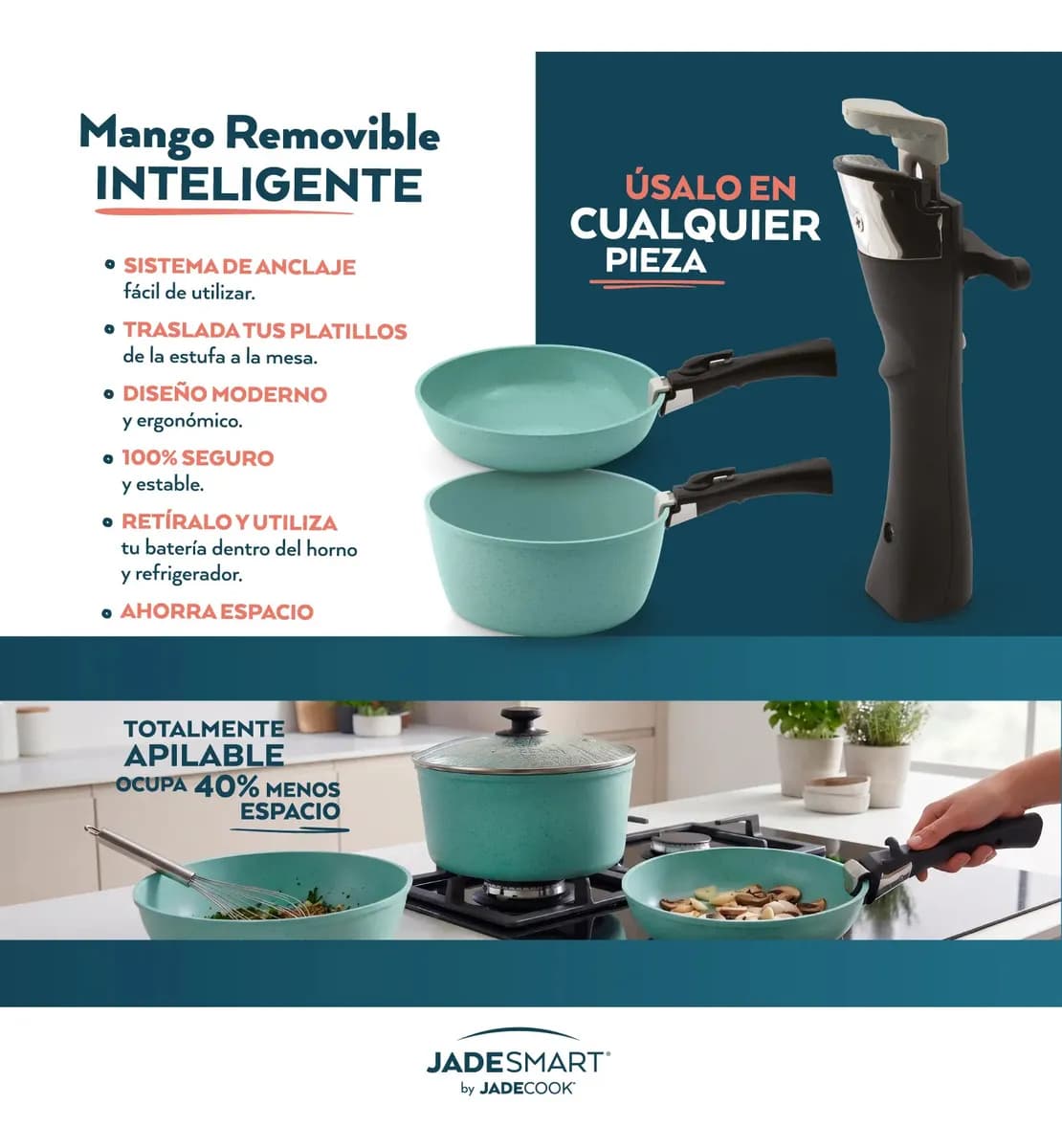 Batería de Cocina Antiadherente Jade Cook Jade Smart 5 Piezas Mango Desmontable Color Verde Cocina Saludable