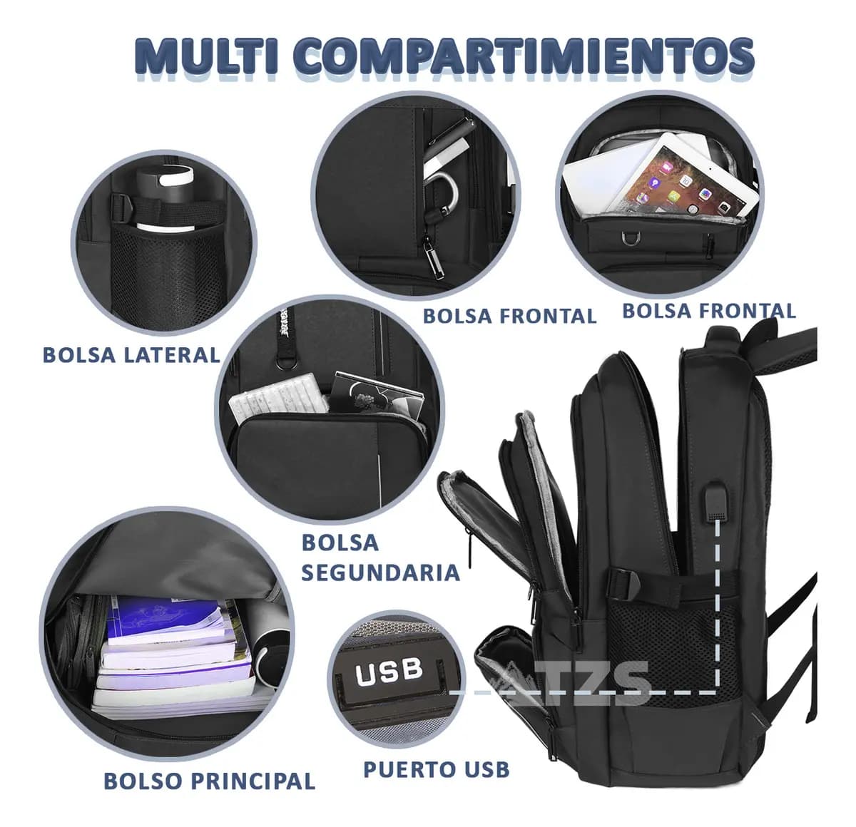 Mochila Backpack De Viaje Para Laptop, Con Puerto Carga Usb, Ideal Para Negocios, Tela Impermeable,mejor Mochila Para Escolar ,negra 25l Col