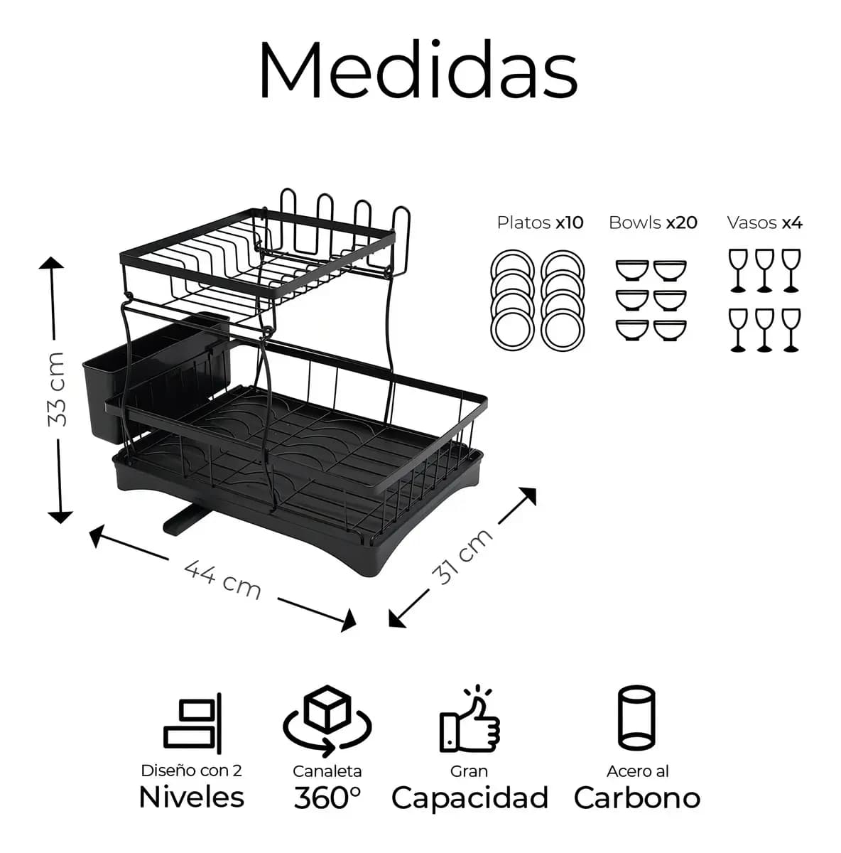 Escurridor Trastes Pro 2 niveles bandeja con canaleta 360° color negro