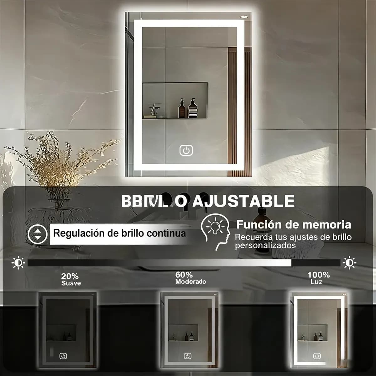 Espejo Luz Led Touch Pared Tocador Baño Vestidor   3 Luces