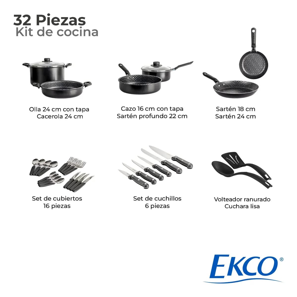 Batería de Cocina con Antiadherente Ekco 32 Piezas de Aluminio - Negro