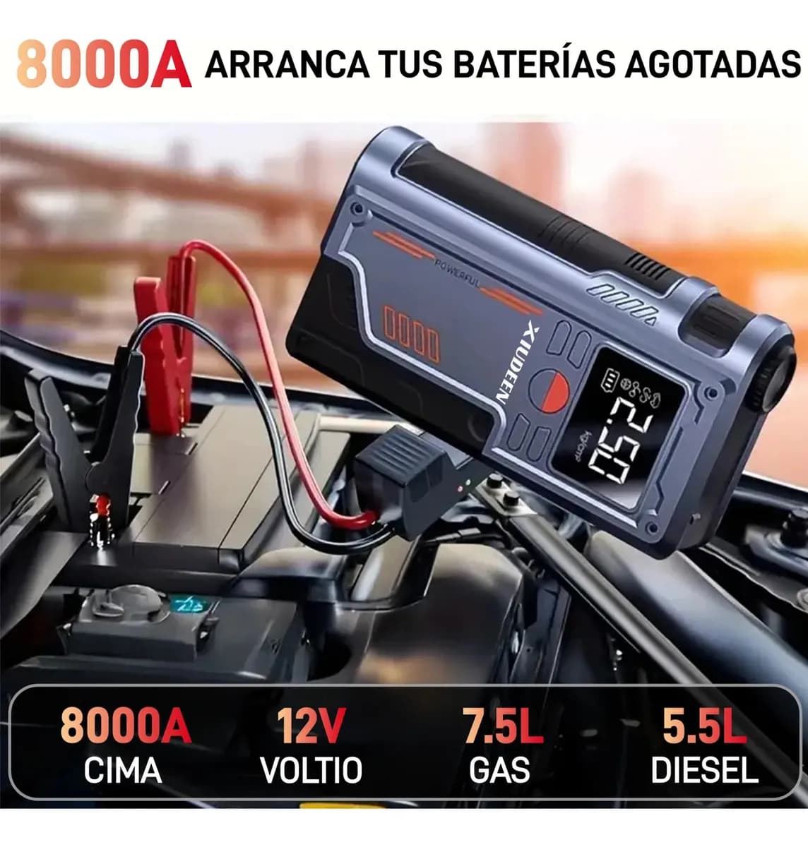 Arrancador de Batería Xiudeen T-700 8000A con Compresor de Aire y Power Bank para Autos y Camionetas