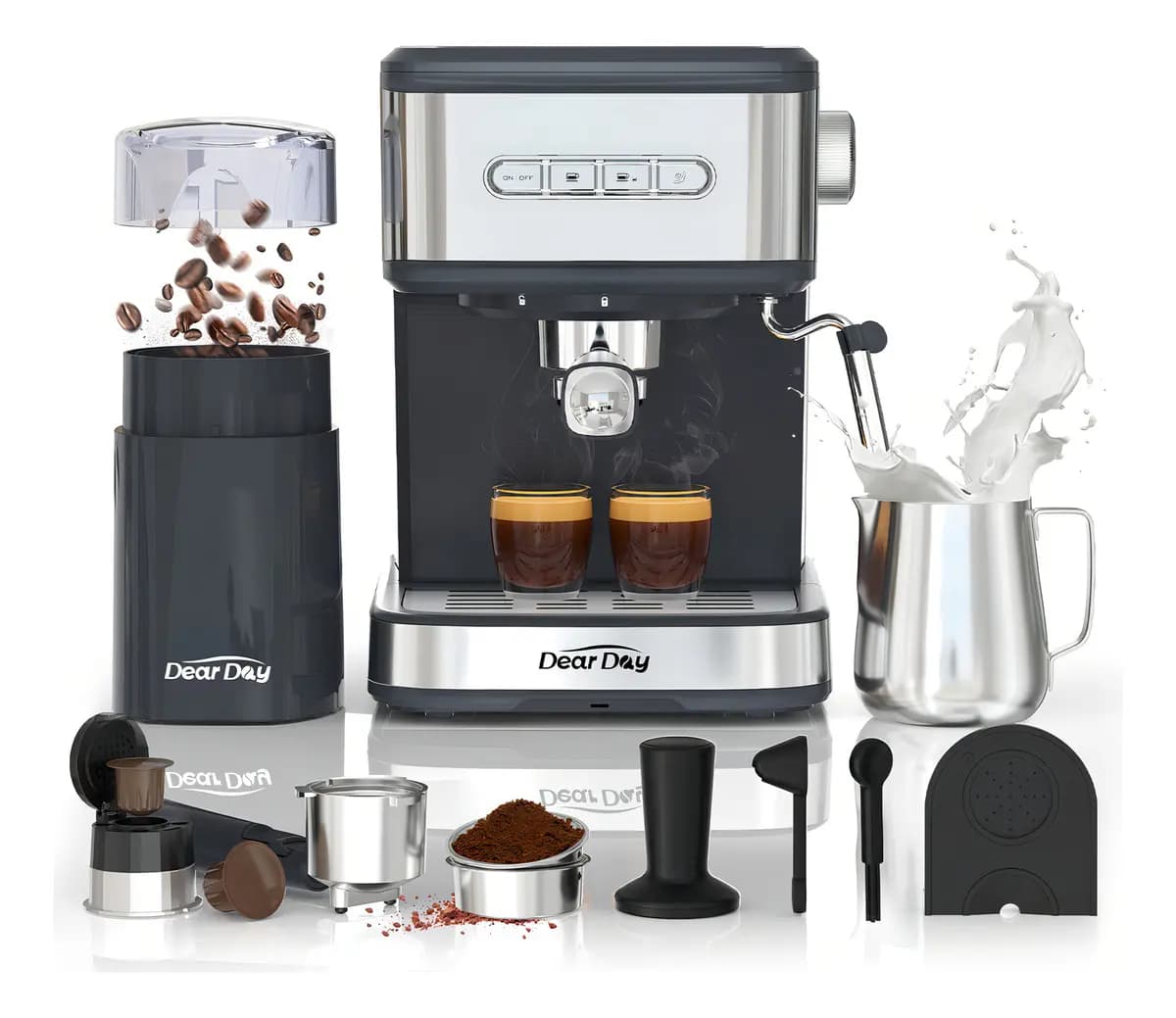 Cafetera Espresso DEAR DAY Semi Automática con Molino y Vaporizador para Café en Grano o Cápsulas