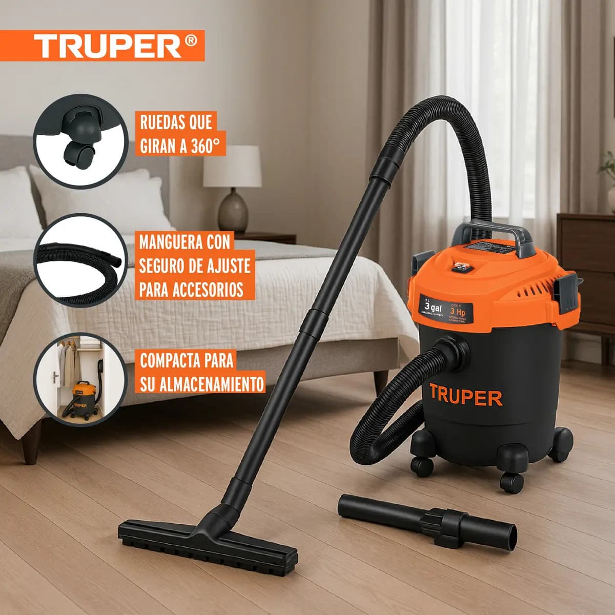 Aspiradora de sólidos y líquidos TRUPER, 3 HP, 3 Galones, ASP-03N