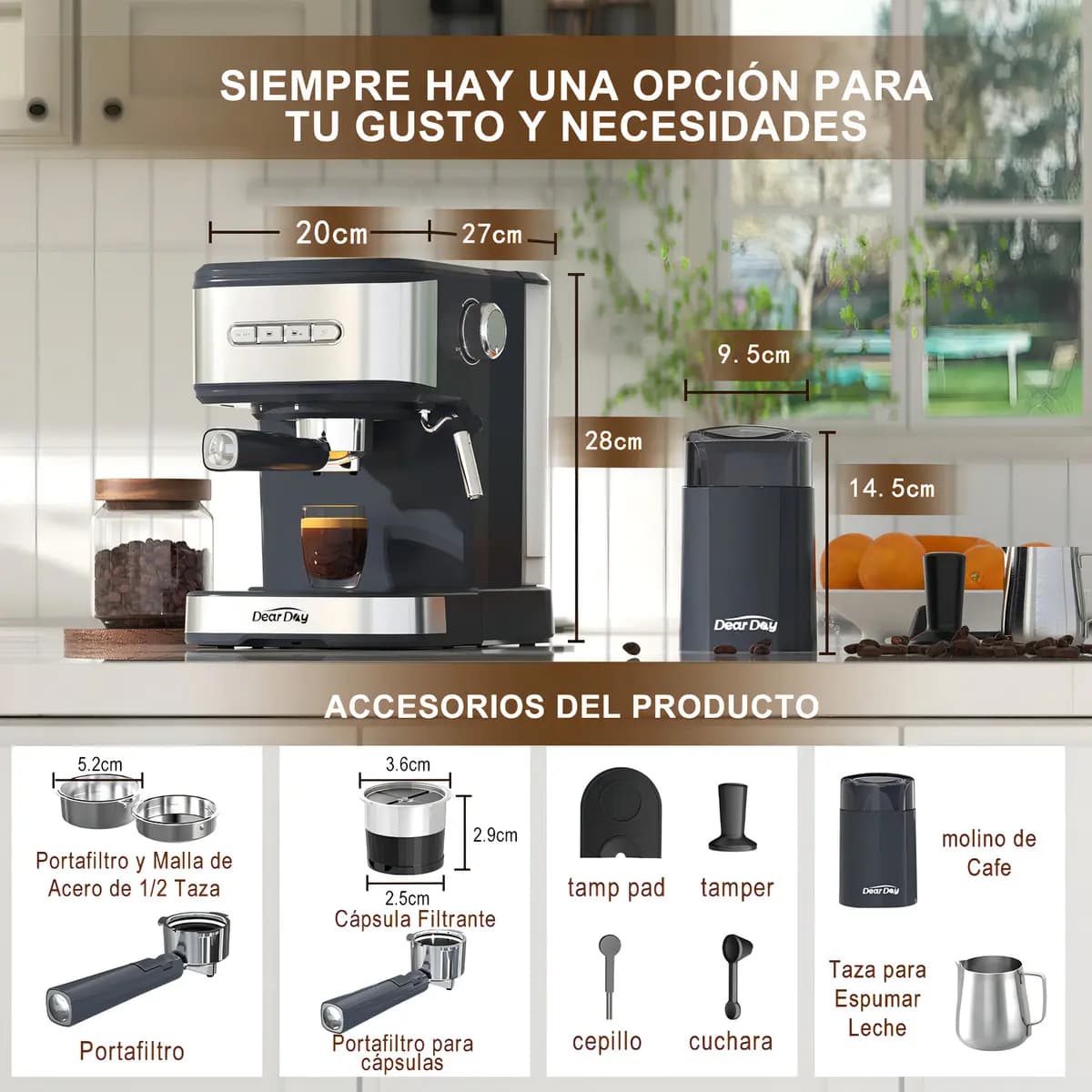 Cafetera Espresso DEAR DAY Semi Automática con Molino y Vaporizador para Café en Grano o Cápsulas