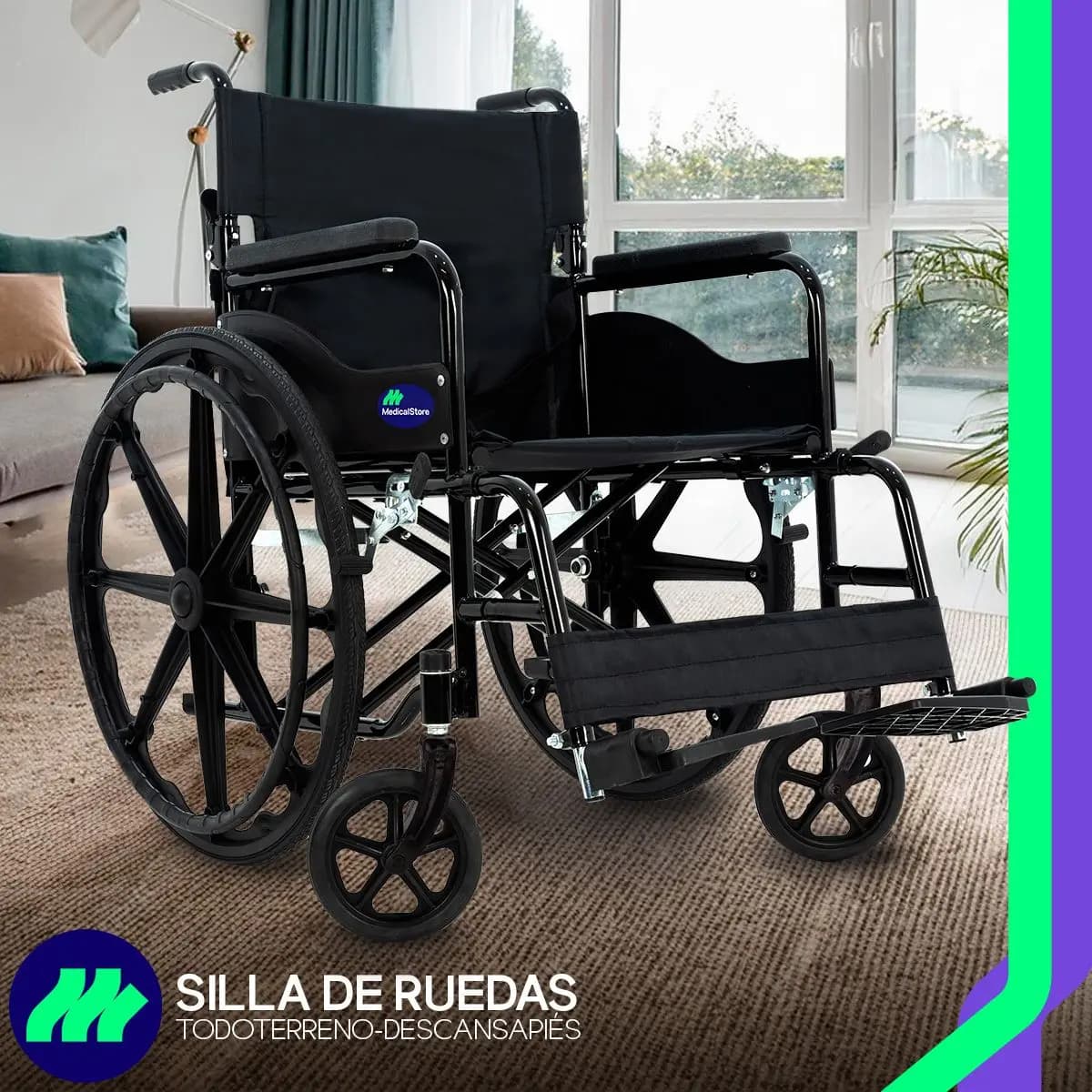 Silla de Ruedas Plegable De Lujo Acero Compacta Todo Terreno Descansabrazos Cómodos Seguros Negro Medical