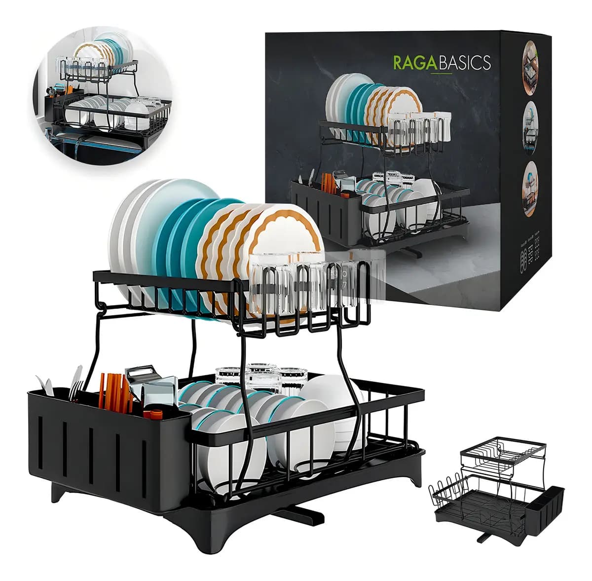 Escurridor Trastes Pro 2 niveles bandeja con canaleta 360° color negro