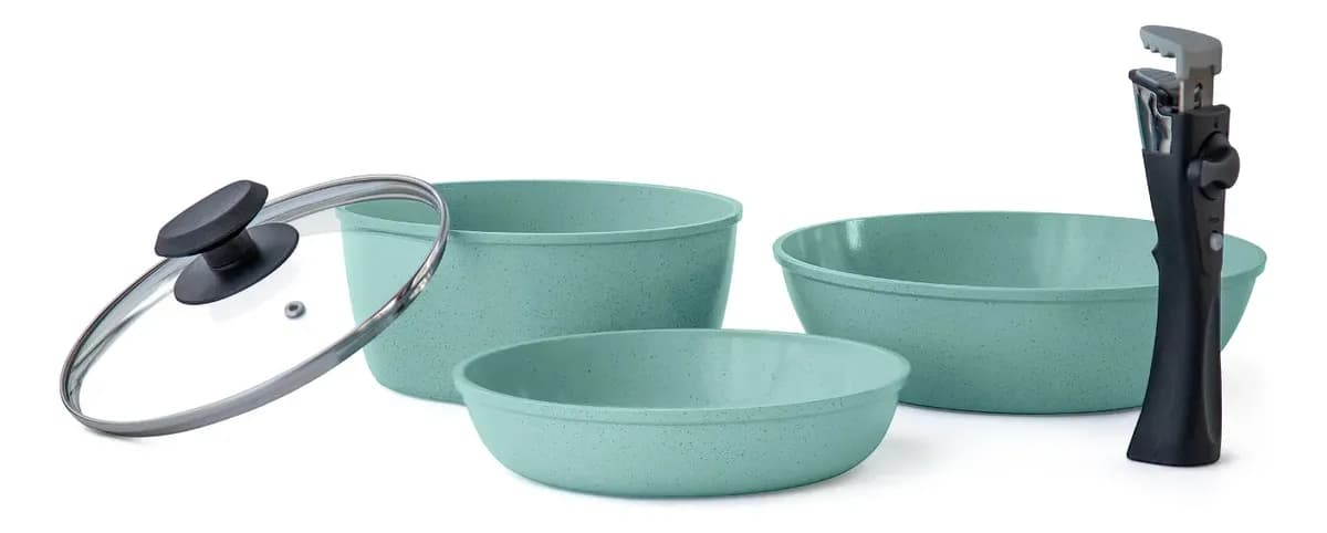 Batería de Cocina Antiadherente Jade Cook Jade Smart 5 Piezas Mango Desmontable Color Verde Cocina Saludable