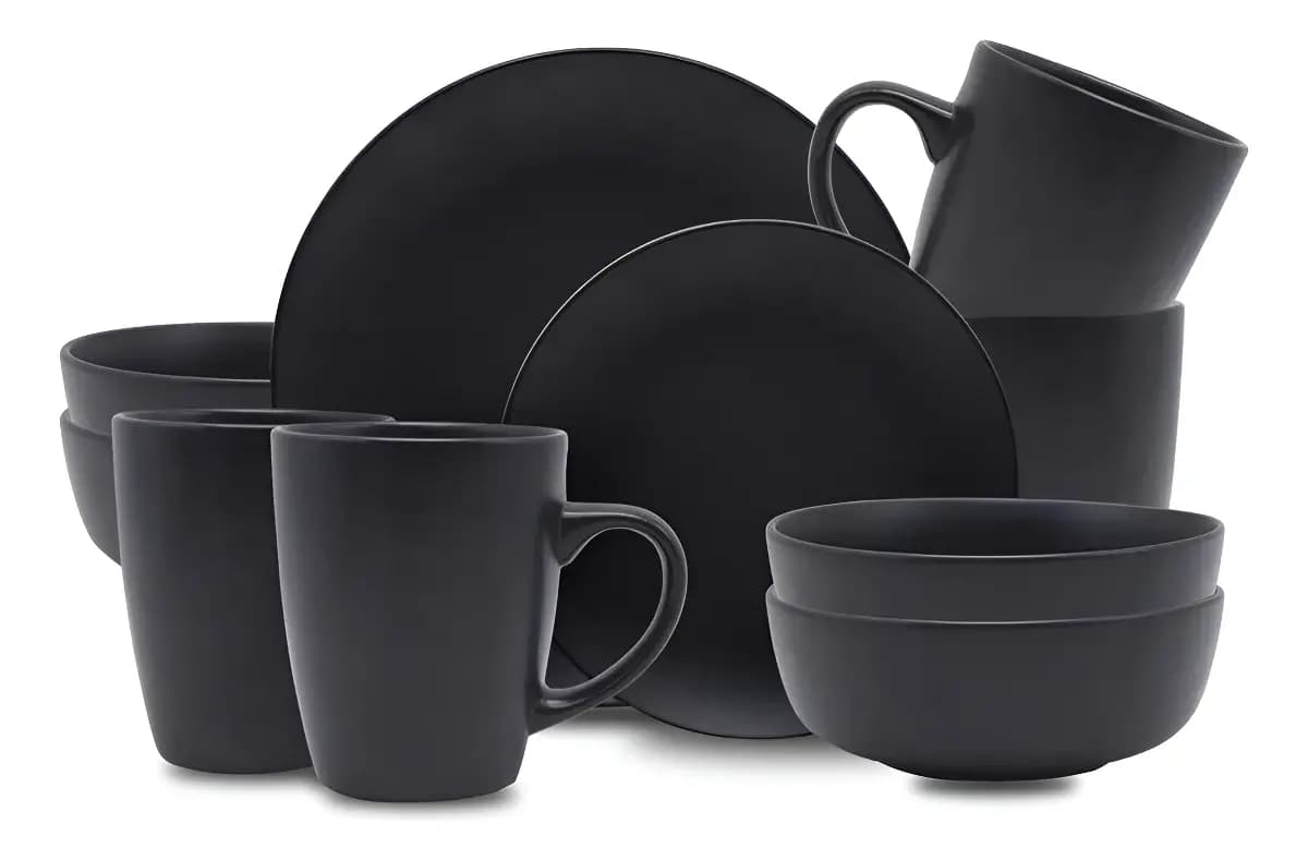 Vajilla Moderna Minimalista De Cerámica 16 Piezas Para 4 Personas Chefmaker Modelo Royal Color Negro Premium